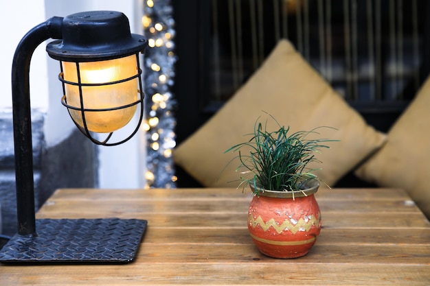 Lampe avec plante sur table