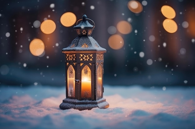 Lampe de poche de Noël avec un jouet dans la neige la nuit dans la forêt Veille de Noël générée par l'IA