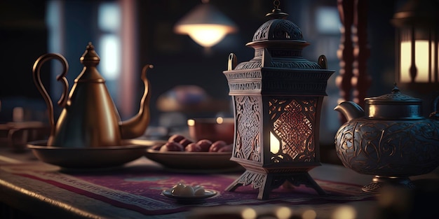 Lampe de poche traditionnelle avec bannière de style bougiesislamique pour l'affichage du produit belle invitation musulmane eid mubarak