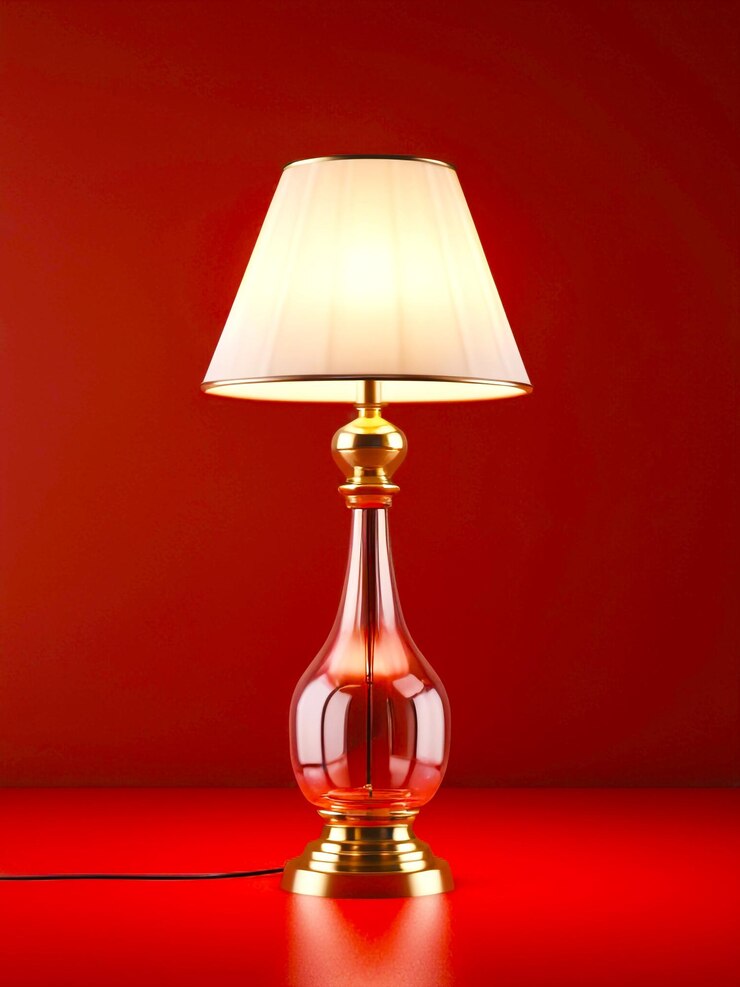 une lampe qui est sur une table avec un écran de lampe
