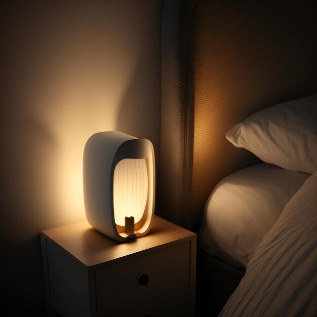 Une lampe qui est sur une table de nuit