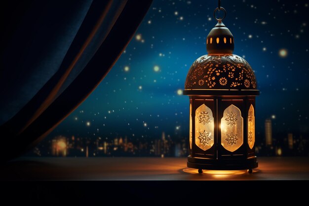 Lampe Ramadan sur la coque de la fenêtre de nuit avec espace de copie