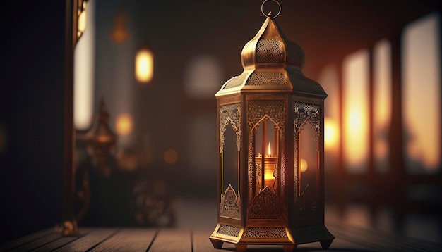 lampe de ramadan doré de luxe fond islamique généré par ai