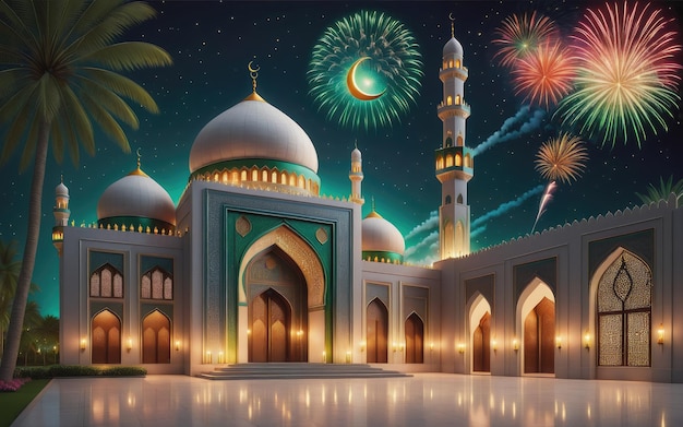 lampe ramadan kareem eid mubarak avec porte sainte de la mosquée avec feux d'artifice