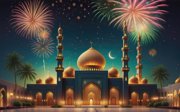 lampe ramadan kareem eid mubarak avec porte sainte de la mosquée avec feux d'artifice