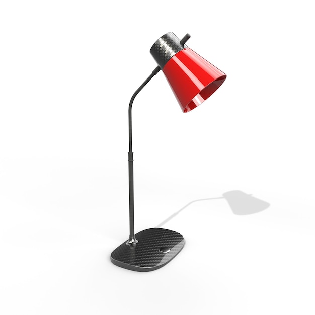 Une lampe rouge avec un abat-jour rouge est sur un fond blanc.