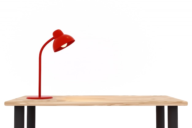 Lampe rouge sur la table en bois dans la salle blanche, illustration 3d.