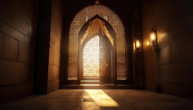 Lampe royale élégante avec porte sainte d'entrée de la mosquée Ramadan Kareem Eid Mubarak Generative Ai