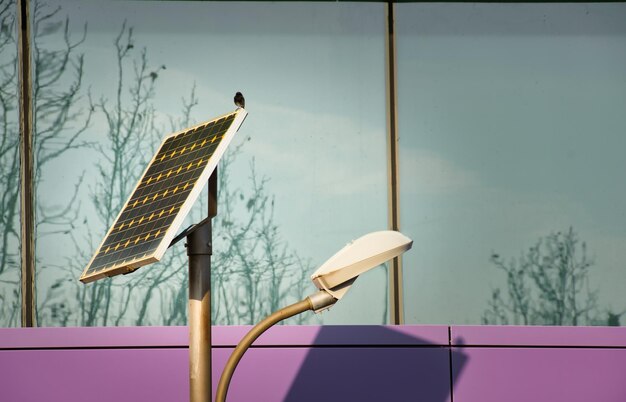 Lampe de rue alimentée par l'énergie solaire devant une façade avec un mur violet et des fenêtres en verre