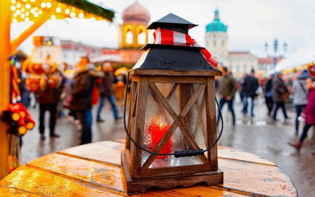 Lampe de rue avec des bougies au marché de Noël à la place Gendarmenmarkt en hiver Berlin, Allemagne. Décoration de la Foire de l'Avent et stands d'objets artisanaux sur le bazar. Rue allemande Noël et vacances