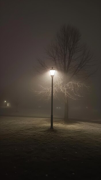 La lampe de rue brille dans un parc de nuit brumeux