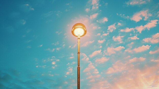 Une lampe de rue est éclairée contre un ciel bleu