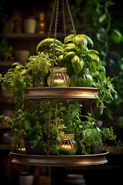 une lampe suspendue avec un bouquet de légumes verts