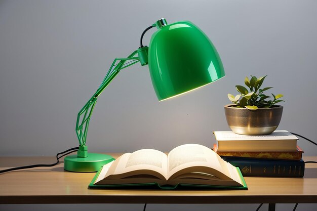 Lampe de table électrique verte et livre ouvert