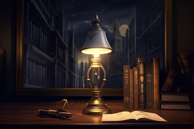 Photo lampe de table avec le livre dans la nuit