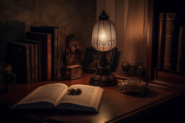 Une lampe sur une table avec un livre dessus