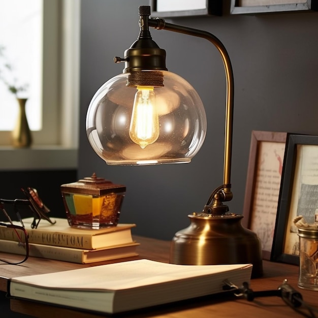 Une lampe sur une table avec un livre dessus