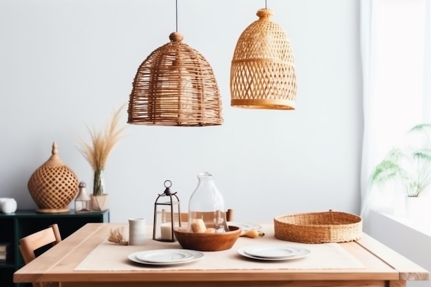 Lampe table meubles beige chambre décor salle à manger style cuisine rotin Generative AI