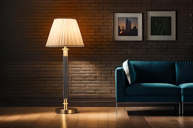 une lampe sur une table et un mur de briques avec une lampe dessus