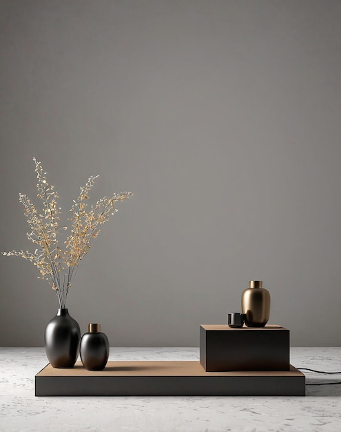 une lampe de table noire avec un vase en or et un vase noir sur le dessus