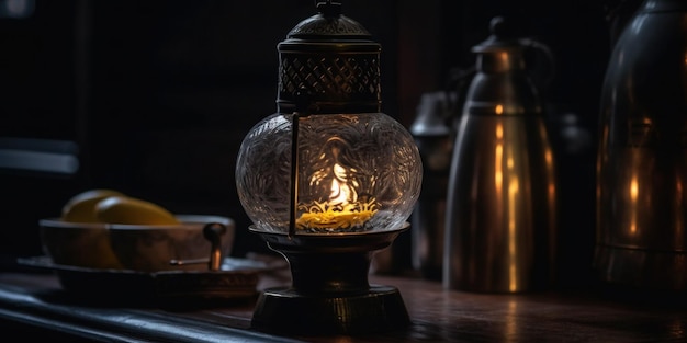 Photo une lampe sur une table avec un récipient en or à droite