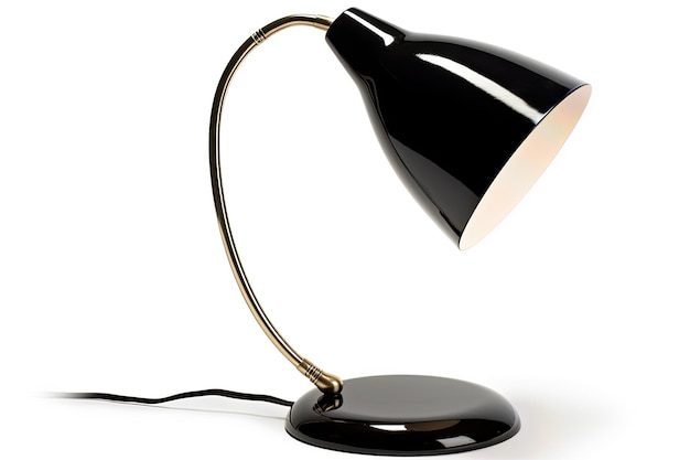 Lampe de table de style rétro avec bras métallique incurvé sur fond clair