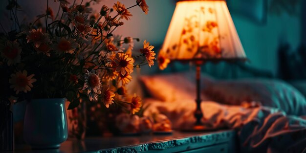 Photo lampe et vase avec des fleurs sur la table de chevet à côté du lit ia générative