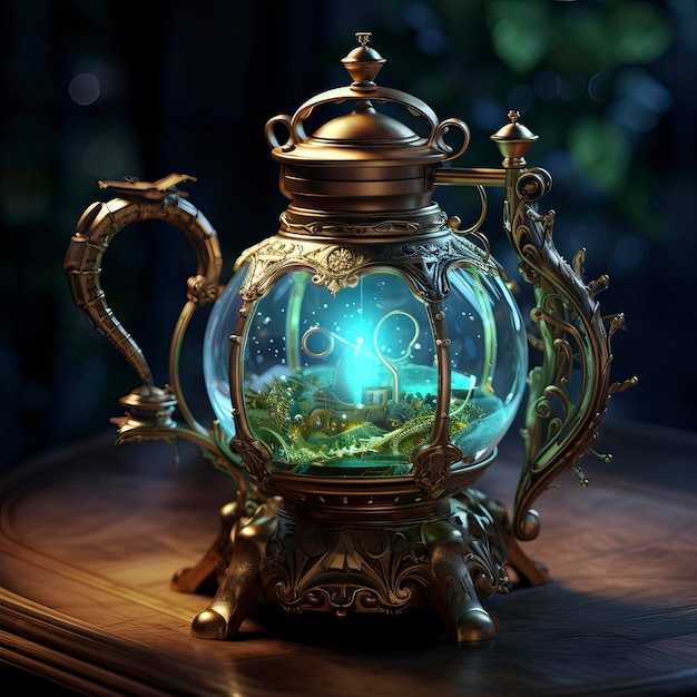 Lampe verte Steampunk avec illustration IA générative en verre