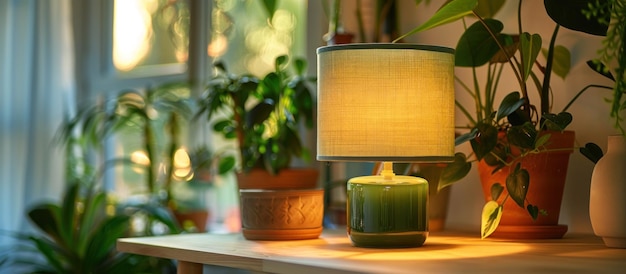 Lampe verte sur une table en bois à côté de plantes en pot