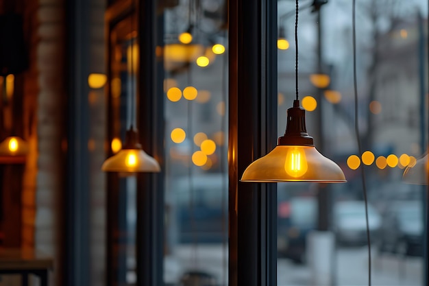 Des lampes accrochées à la fenêtre d'un café élégant