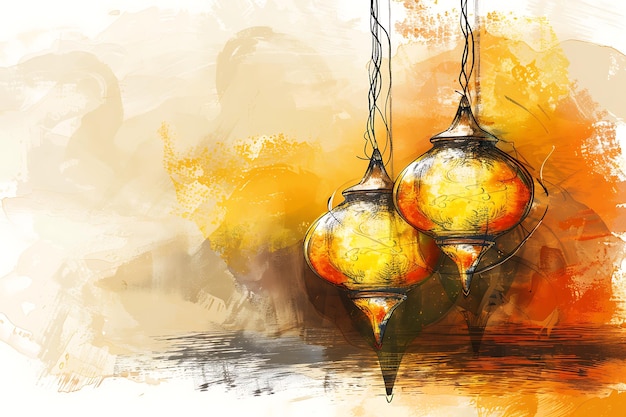 Des lampes arabes dessinées à la main fond de carte de vœux Ramadan Kareem
