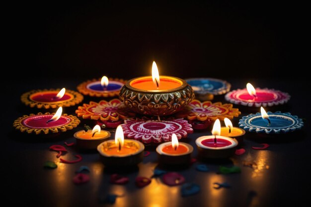 Photo des lampes d'argile colorées allumées pendant la célébration de diwali bonne diwali