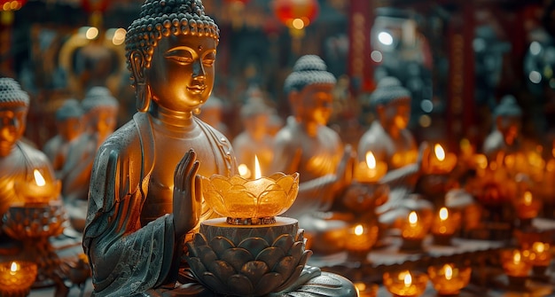 Lampes et bougies devant des statues de Bouddha dans un temple bouddhiste lors de la fête de Vesak en l'honneur de l'illumination de la naissance et de la mort de Bouddhisme.