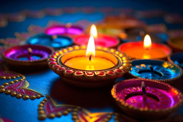 Photo des lampes et des bougies diya allumées dans le contexte joyeux de diwali la fête traditionnelle des lumières deepavali célébration générée par l'ia