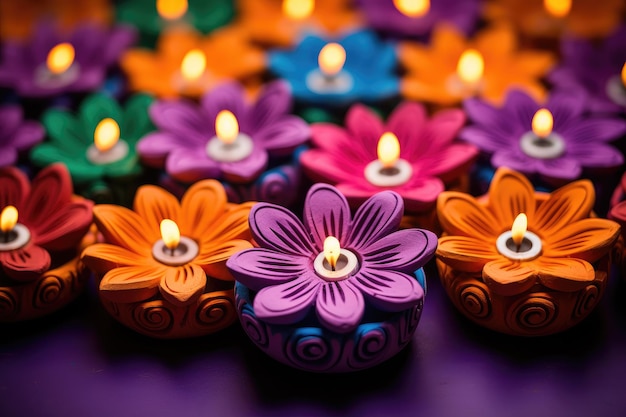 Des lampes Diwali colorées allumées pendant la célébration de la fête des lumières hindoue de Dipavali Des lampes d'argile colorées avec des fleurs sur un fond violet générées par l'IA
