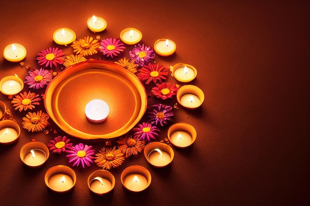 Lampes Diwali colorées Lampes Deepavali éclairées en belle formation avec des fleurs Lampes à huile Vue de dessus