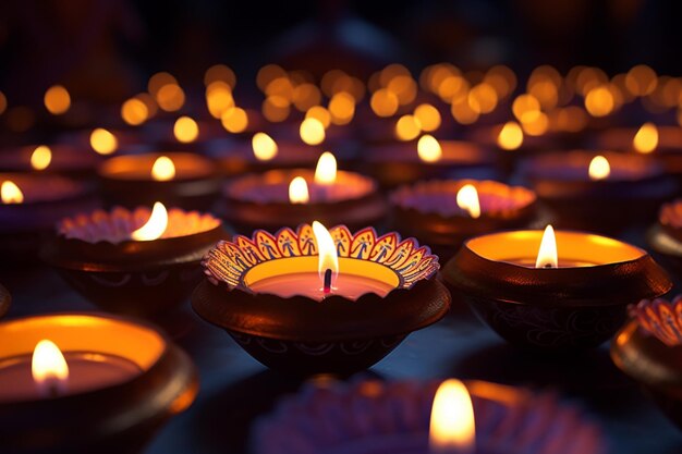 Photo les lampes diya d'argile de diwali sont allumées pendant la célébration de diwali