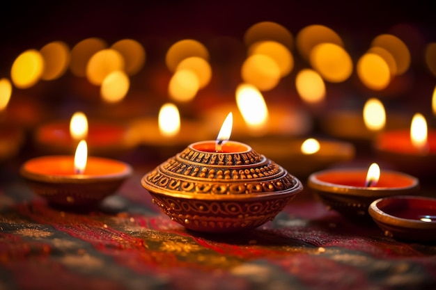 Lampes diya colorées allumées pendant la célébration de Diwali
