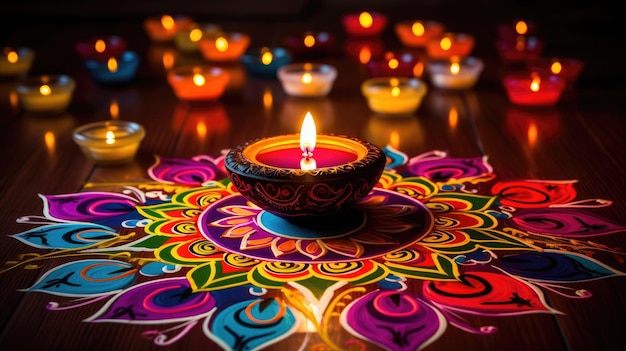 Lampes à huile allumées sur des rangoli colorés pendant la célébration de diwali Lampes diya en argile colorée avec des fleurs