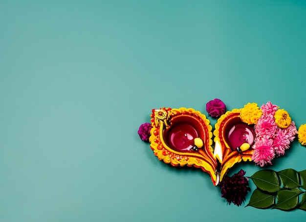 Lampes à huile allumées sur des rangoli colorés pendant la célébration de Diwali