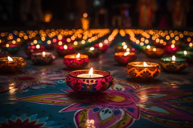 Des lampes à huile et des bougies allumées la nuit pendant la célébration de Diwali