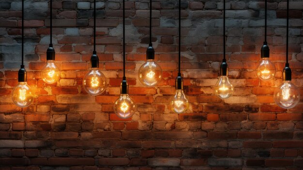 Photo des lampes à incandescence vintage de formes différentes sur le fond d'un mur de briques généré par l'ia