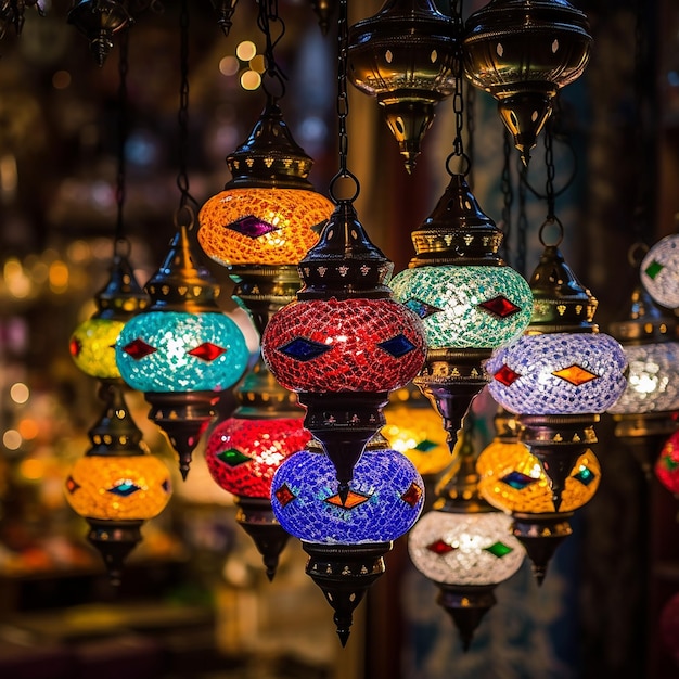 Des lampes multicolores accrochées au Grand Bazar