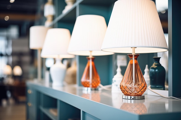 Photo des lampes de table élégantes allumées sur une étagère