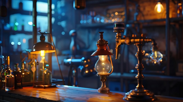 Lampes de table métalliques et vintage avec fond de bar à liqueurs IA générative