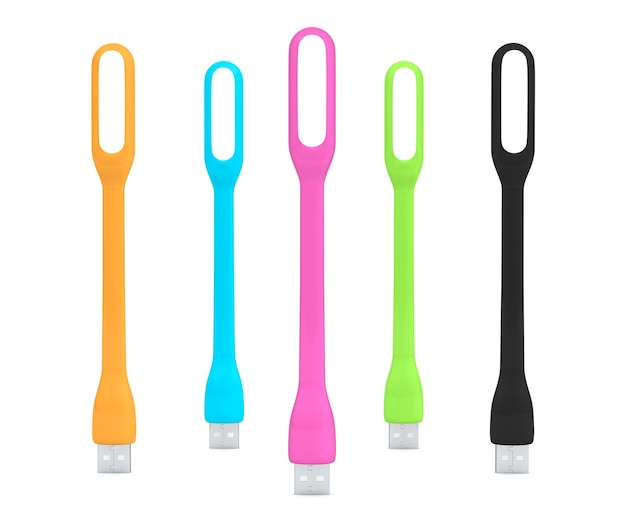 Lampes USB Led multicolores sur fond blanc. Rendu 3D