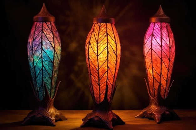 Lampes en vitraux émettant des motifs lumineux colorés créés avec l'IA générative