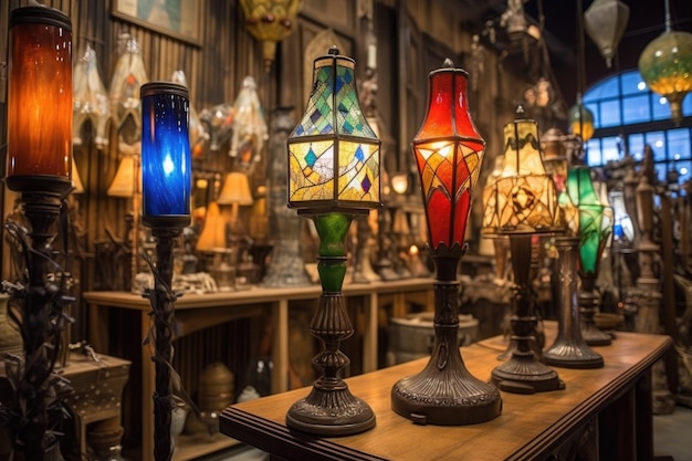 Lampes de vitraux vintage dans un magasin d'antiquités créées avec l'AI générative