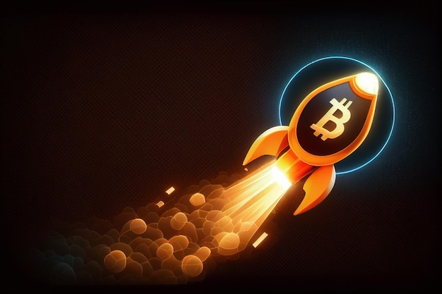 Le lance-roquettes dans le logo Bitcoin représente la hausse du prix des crypto-monnaies allant vers l'IA générative de la lune