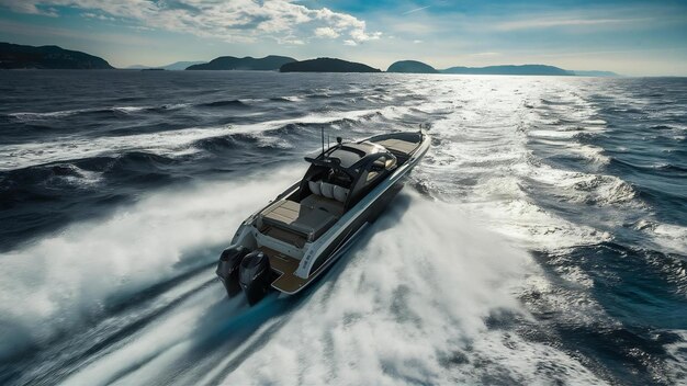 Le lancement d'un bateau à grande vitesse flotte dans la Méditerranée vue aérienne de haut